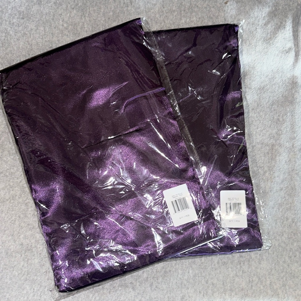 Set of 2 Plum Purple Satin Tablecloths 120” round